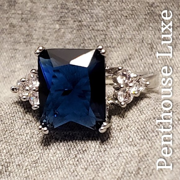 Radiant Cut Blue Sapphire Silver Ring - Picture 2 of 4